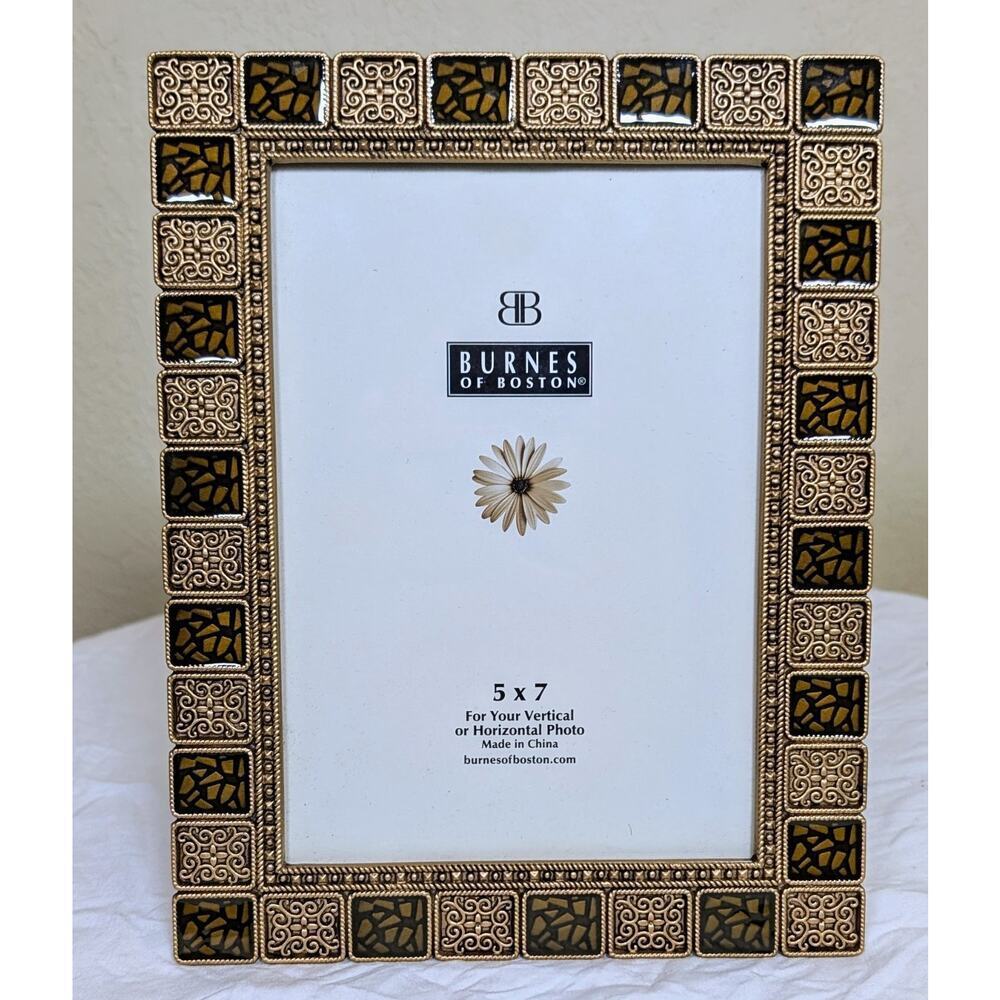 Vintage Burnes of Boston Metal Enamal Brown Tan Gold Picture Frame 5 X 7